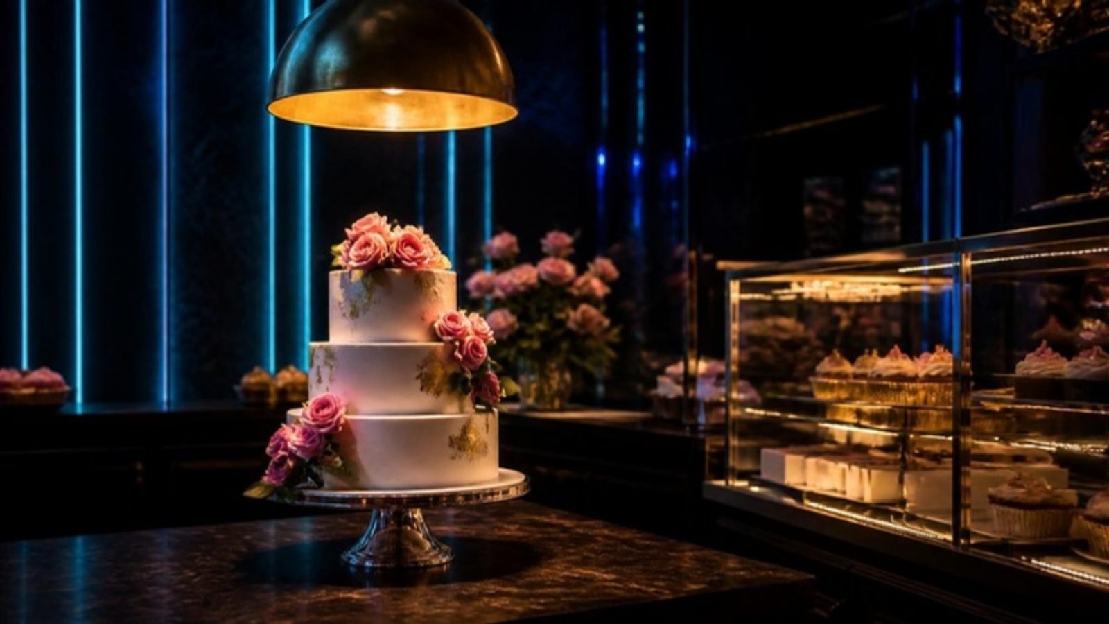 Bolo decorado com flores em balcão de confeitaria