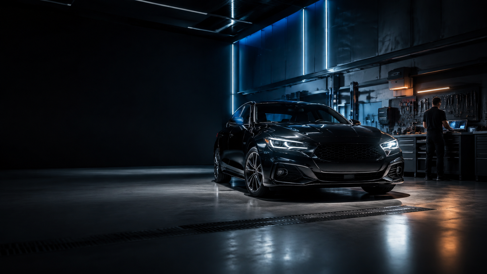 Carro em oficina com iluminação azul