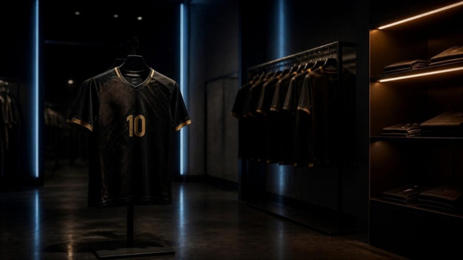 Camisa esportiva exposta sob iluminação de loja
