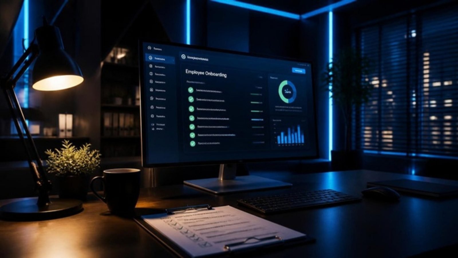 Mesa de escritório com painel de acompanhamento de RH